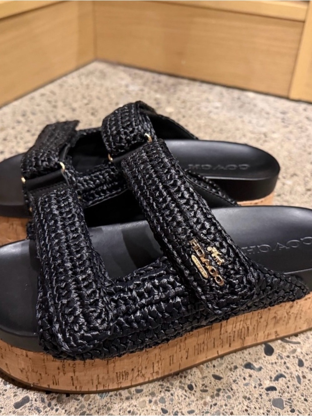 Coach Black Woven Cork-Platform Slide Sandals